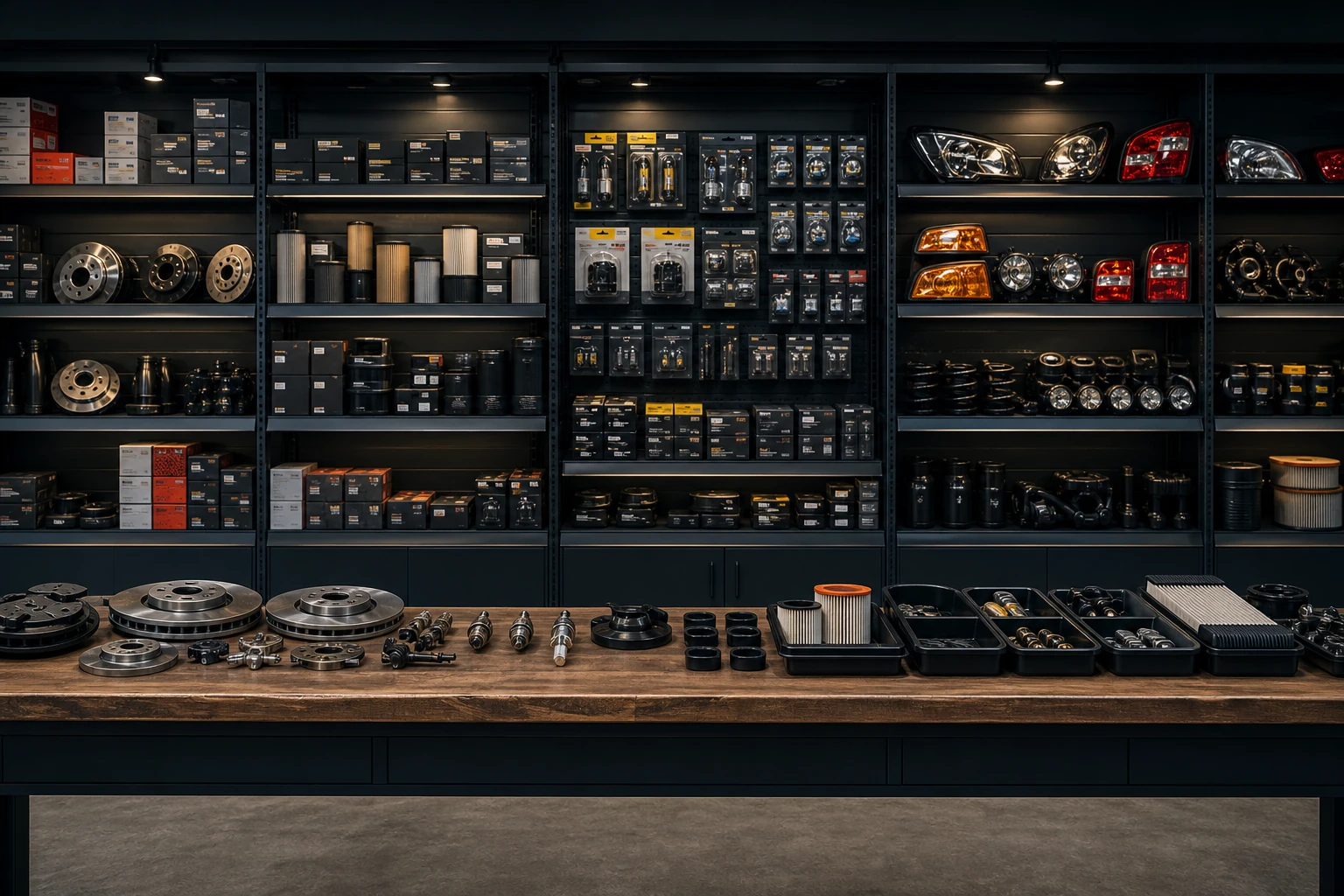 Organized auto parts wall with labeled boxes and neutral workshop lighting