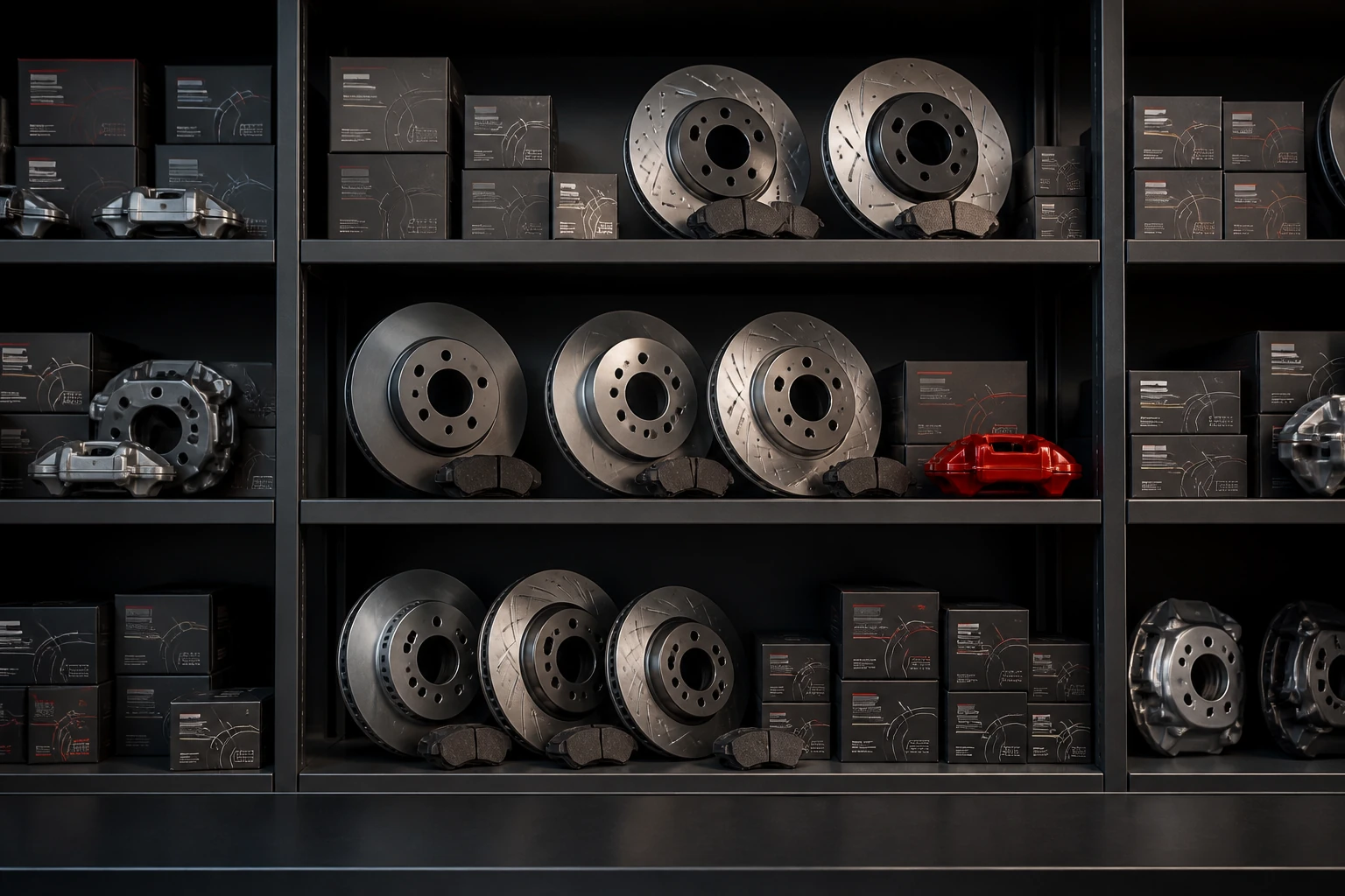Brake parts shelf with neatly arranged rotors pads and packaging
