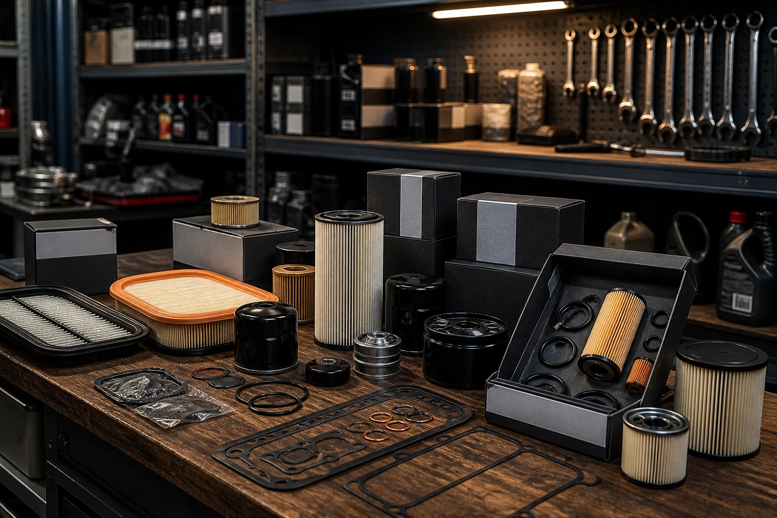 Workbench with service filters gaskets and unbranded packaging
