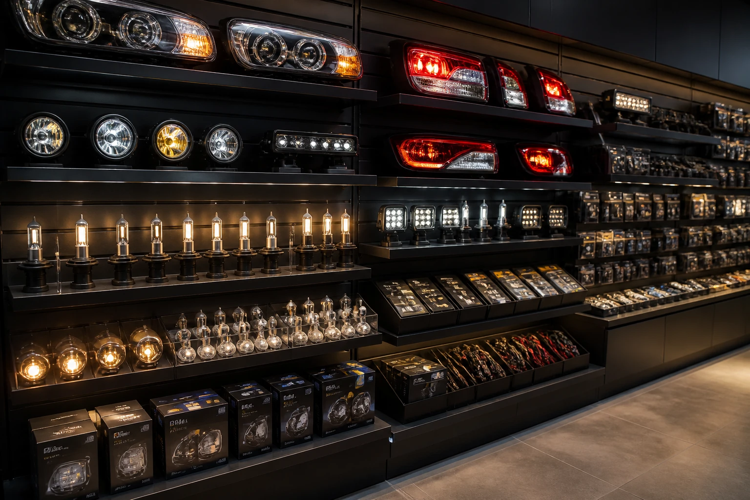 Rack with headlight bulbs driving lamps and clean storage bins