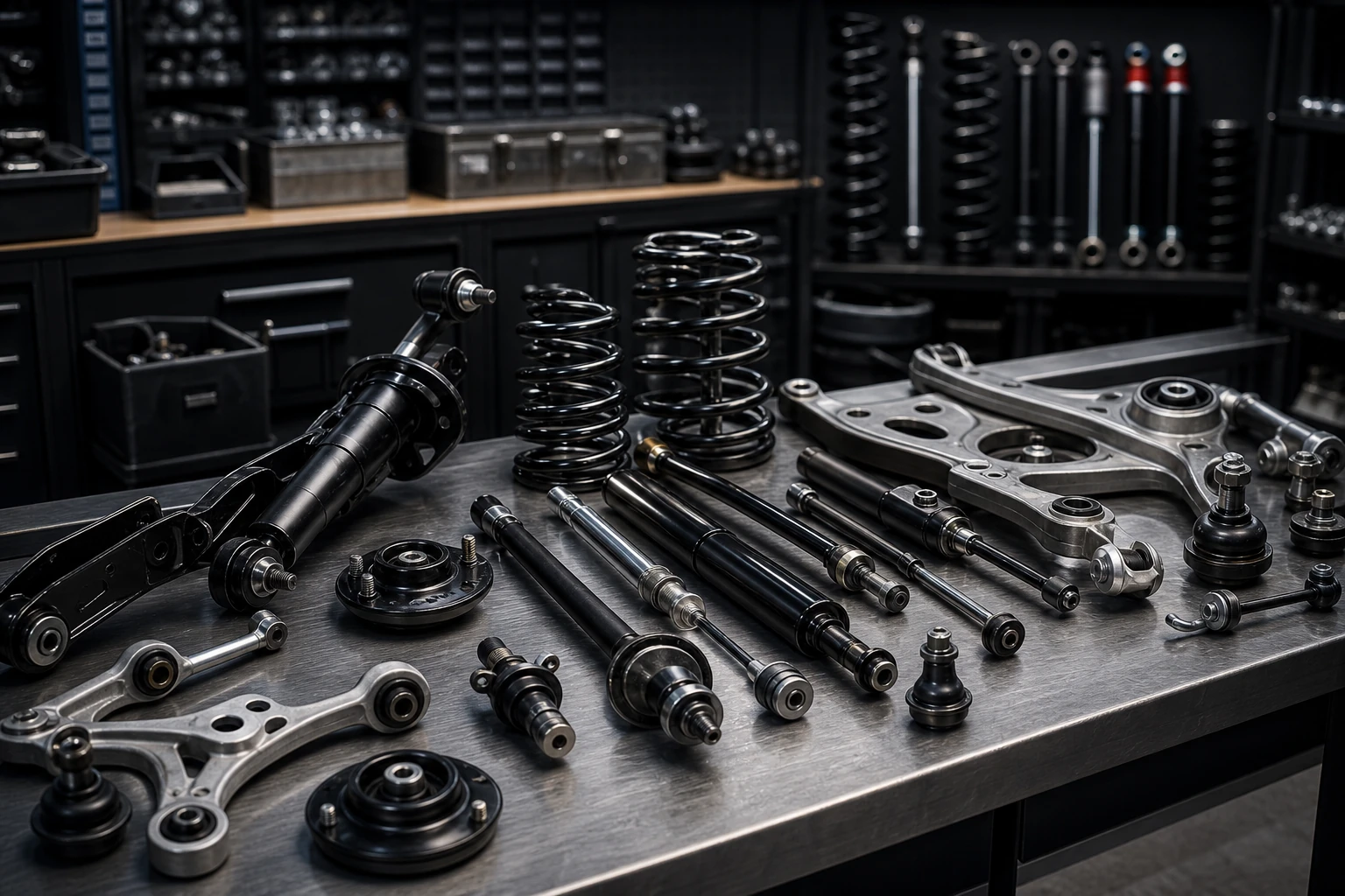 Suspension components laid out on a clean metal work surface