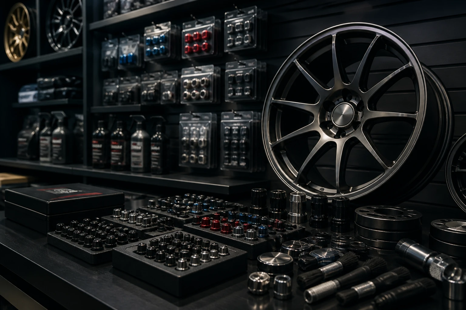 Automotive wheel and tire accessories display in a dark storefront corner