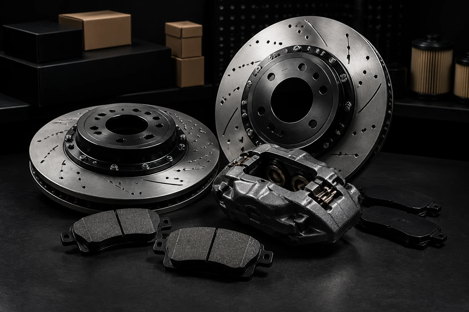Brake systems display with rotors calipers and pads in clean product light