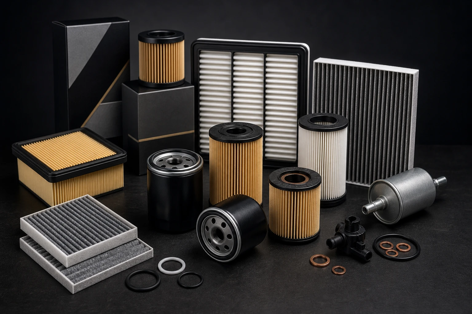 Service filters and maintenance kits arranged on a dark workbench