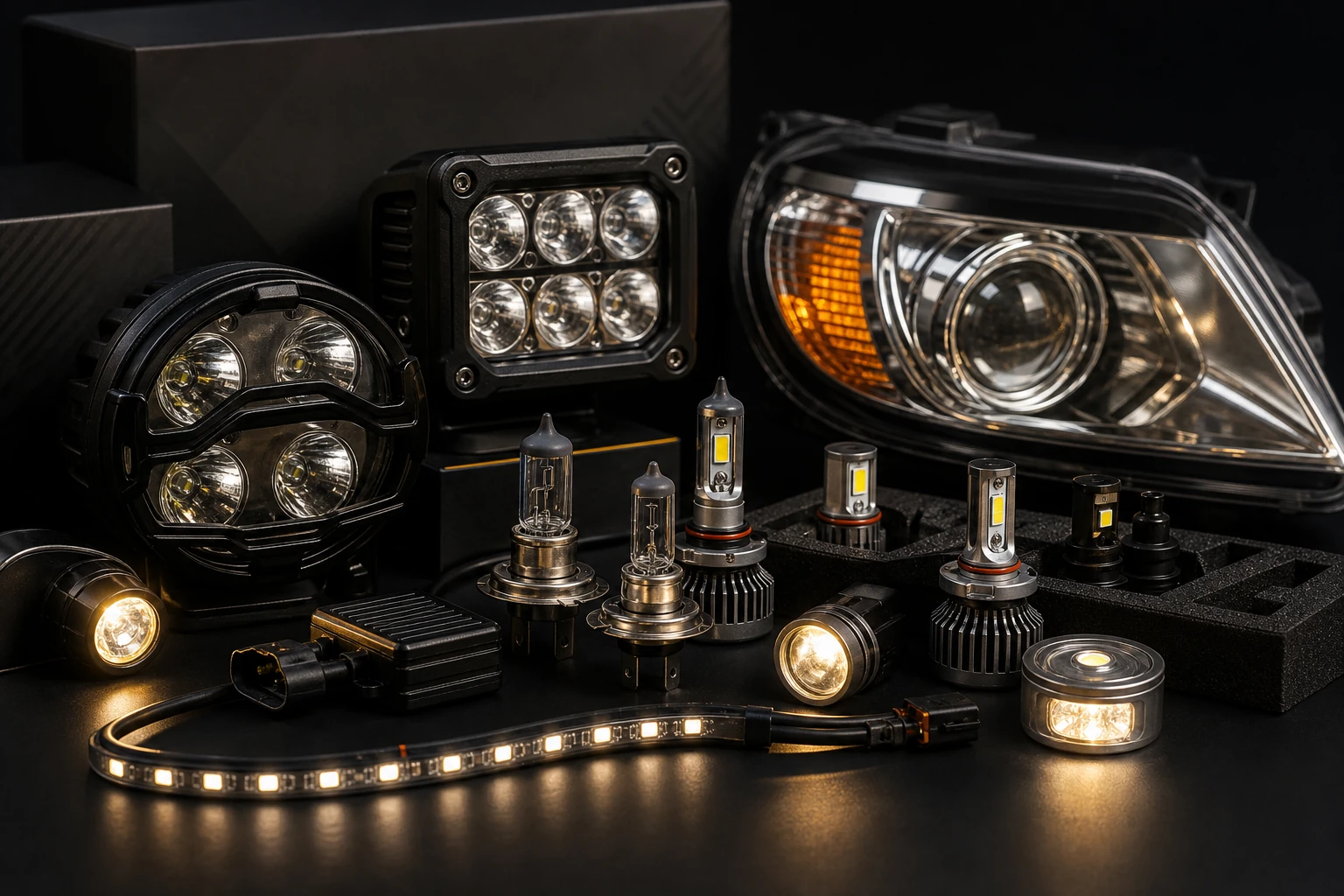 Automotive lighting accessories and bulbs displayed with clear labeling space