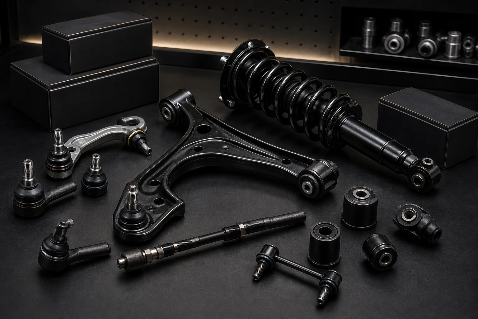 Suspension and steering components prepared for a product detail story