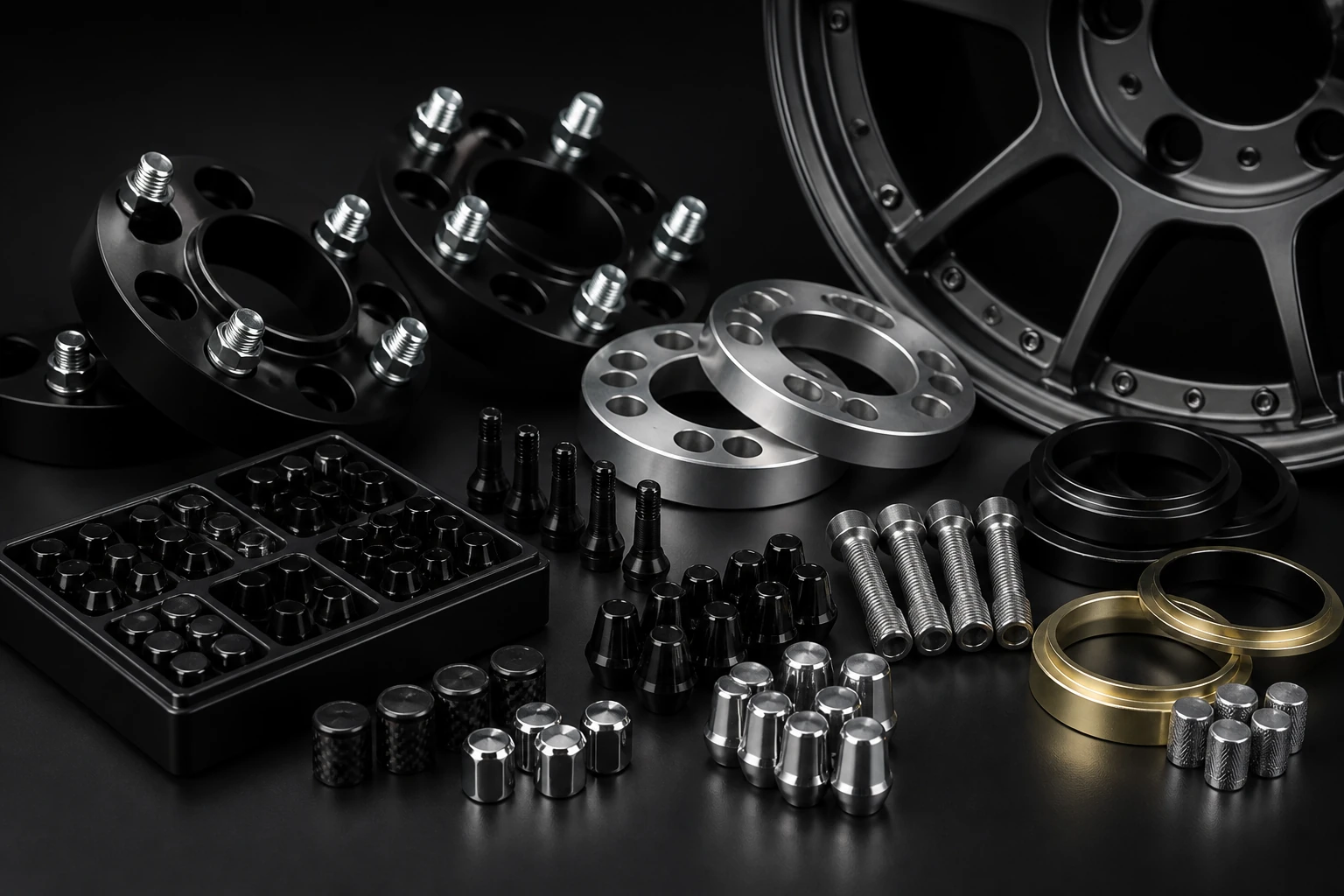 Wheel accessory set with bolts spacers and premium dark presentation